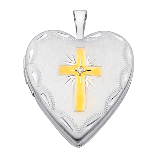 Inspirational 14k White Gold Cross Diamond Locket wEnamel