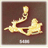 14K Gold 3D Santa Sleigh w/Reindeer Charm