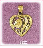 14K Gold Rose Designer Heart Charm
