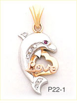 14K Tri Color Gold CZ Dolphin Love Charm