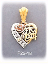 14K Tri Color Gold CZ #1 Mom & Rose Heart Charm