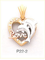 14K Tri Color Gold Dolphins Love CZ Heart Charm