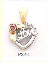 14K Tri Color Gold Love & Rose Heart Charm with CZ