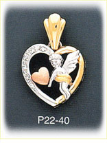 14K Tri Color Gold Angel W/CZ Heart Charm