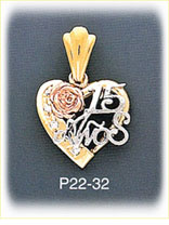 14K Tri Color Gold Heart 15 Anos CZ Charm
