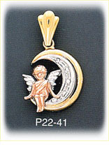 14K Tri Color Gold Angel Moon CZ Charm