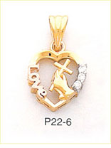 14K Tri Color Gold Cross Love Heart CZ Charm