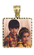 14K Gold Large Square w/Diamond Cut Frame Photo Pendant