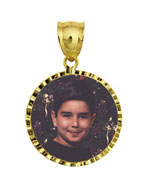 14K Gold Small Round w/Diamond Cut Frame Photo Pendant