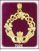 14Kt Gold Irish Claddagh w/Shamrocks Pendant