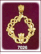 14Kt Gold Irish Claddagh Pendant w/Shamrocks