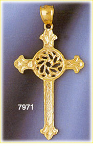 14K Gold Cross w/Fleur-dis-lis Arms & Circular Center Pendant