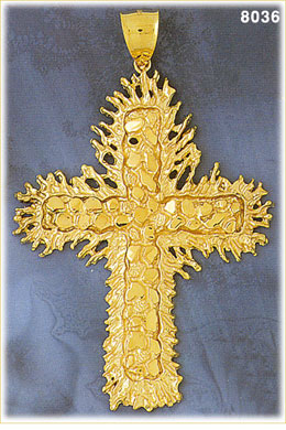 14K Gold Nugget Cross Pendant w/Glowing Fire