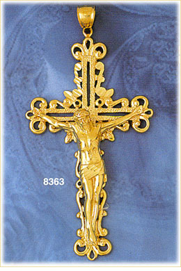 14K Gold Jesus On Crucifix Pendant w/Scroll Design