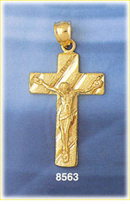 14K Gold Crucifix Pendant w/Jesus & Diagonal Etchings