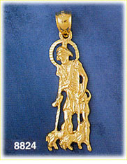 14K Gold Saint Lazarus On Crutches w/Dogs Statue Pendant