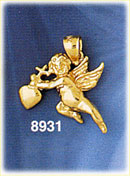 14K Gold Angel Flying Carrying Cross & Heart Charm