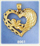 14K Gold Angel Flying Through Center Of Heart Adorned w/Wings Pendant
