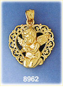 14K Gold Angel Kneeling & Praying In Center Of Ornate Heart Pendant