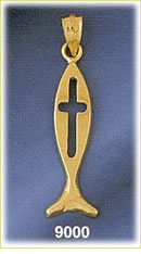 14K Gold Religious Fish w/Cross Pendant 