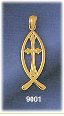 14K Gold Religious Icythys Fish w/Cross Pendant
