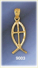 14K Gold Religious Christian Icythys Fish w/Cross Pendant