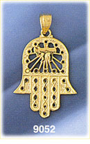 14K Gold Hamsa Hand Pendant w/Chai Symbol