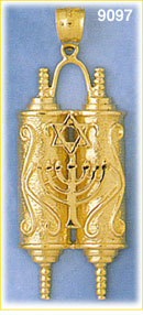 14K Gold Torah Embellished w/Menorah & Star Of David Pendant