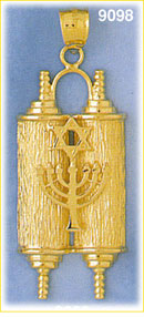 14K Gold Torah Embellished w/Menorah & Jewish Star Pendant
