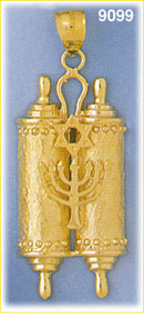 14K Gold Torah w/Jewish Star & Menorah Pendant