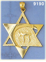 14K Gold Star of David Pendant w/Chai Life