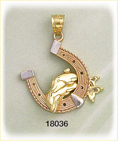 14K Tri Color Gold Horse Shoe Dolphin Charm