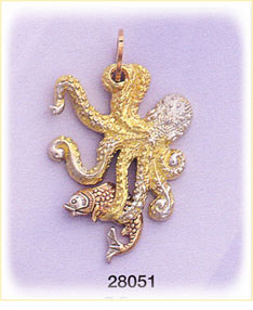 14K Tri Color Gold Octopus Charm