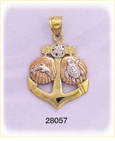 14K Tri Color Gold Anchor / Sea Shells Charm