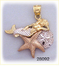 14K Tri Color Gold Sea Shell & Mermaid Charm