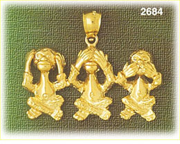 14K Gold Hear See Speak No Evil Monkey Charm