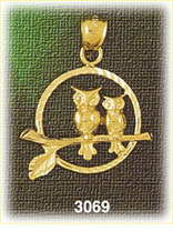 14K Gold Perched Owls Bird Charm