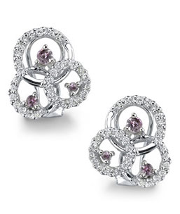 14K White Gold 3 Circles Pink Sapphire and Diamond Earrings