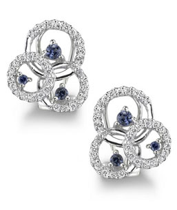 14K Yellow Gold 3 Circles Blue Sapphire & Diamond Earrings