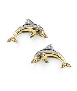 14K Yellow Gold Diamond Dolphin Earrings