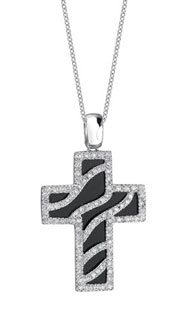 14K White Gold Black Onyx Diamond Cross Pendant Necklace
