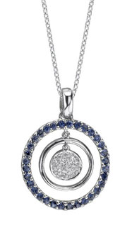 14K White Gold Diamond and Blue Sapphire Three Circles Pendant Necklace