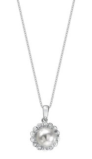14K White Gold Diamond Circle & Pearl Necklace