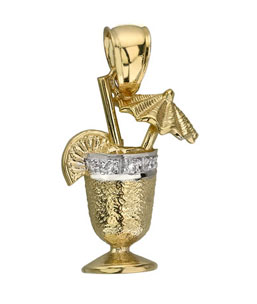 14K Yellow Gold Diamond Tropical Drink Cup Glass Pendant