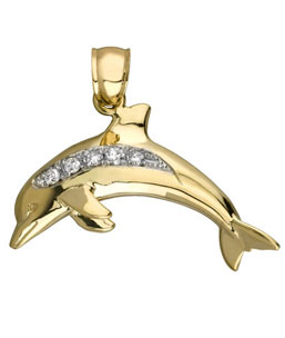 14K Yellow Gold Diamond Dolphin Pendant