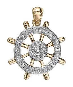 14K Yellow Gold Diamond Ship Wheel Pendant