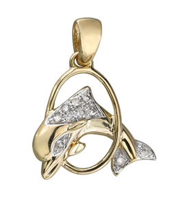 14K Yellow Gold Diamond Circle Dolphin Pendant