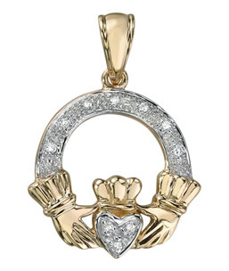 14K Yellow Gold Diamond Claddagh Pendant