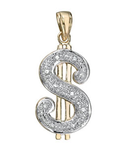 14K Yellow Gold Diamond Dollar Sign Pendant