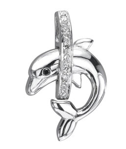 14K White Gold Diamond Dolphin In A Circle Pendant